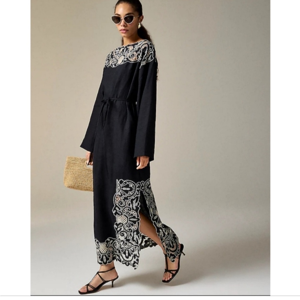 J. Crew Black and White Linen Cutwork Tunic/Maxi Dress, Sz M, NWT